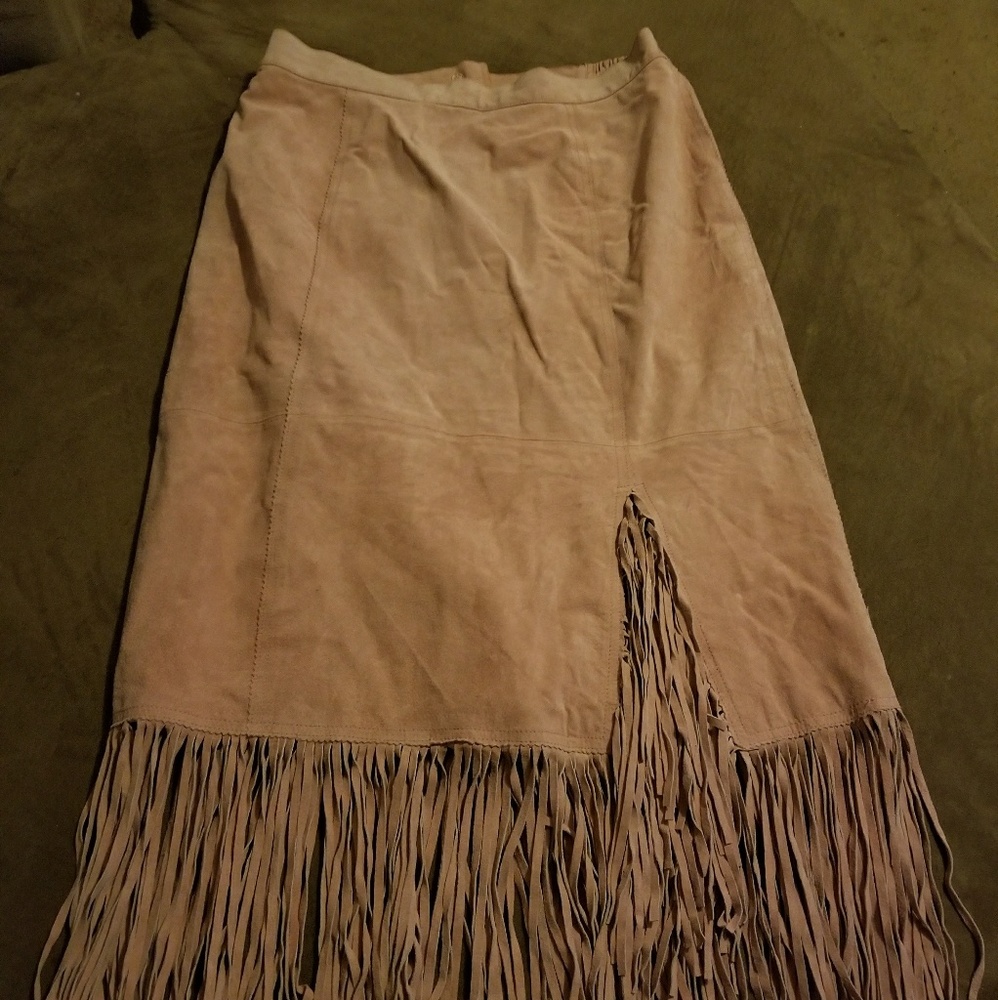 Rose suede fringe skirt